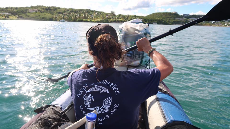 Doing beach clean-ups by kayak in Antigua and Barbuda. Credit: Adopt a Coastline