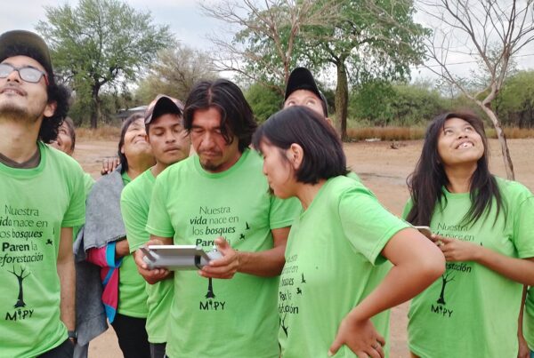 A group of young Nivaclé people from the Casuarina community practising the use of drones for territorial monitoring